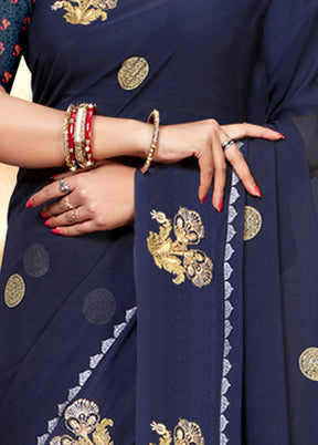 Dark Blue Georgette Embellished Saree With Blouse Piece