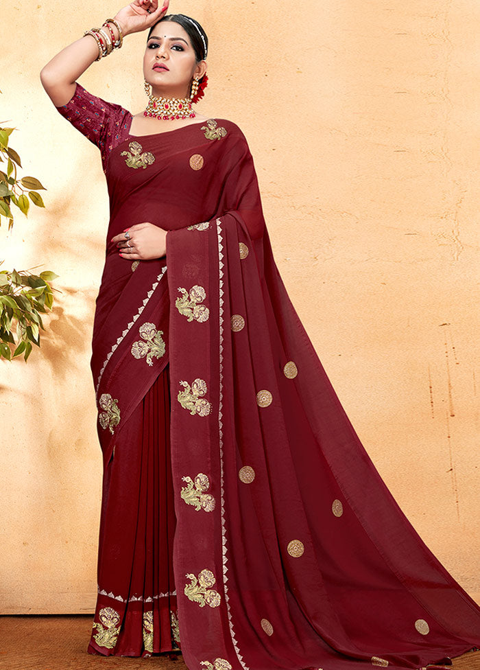 Dark Red Georgette Embellished Saree With Blouse Piece