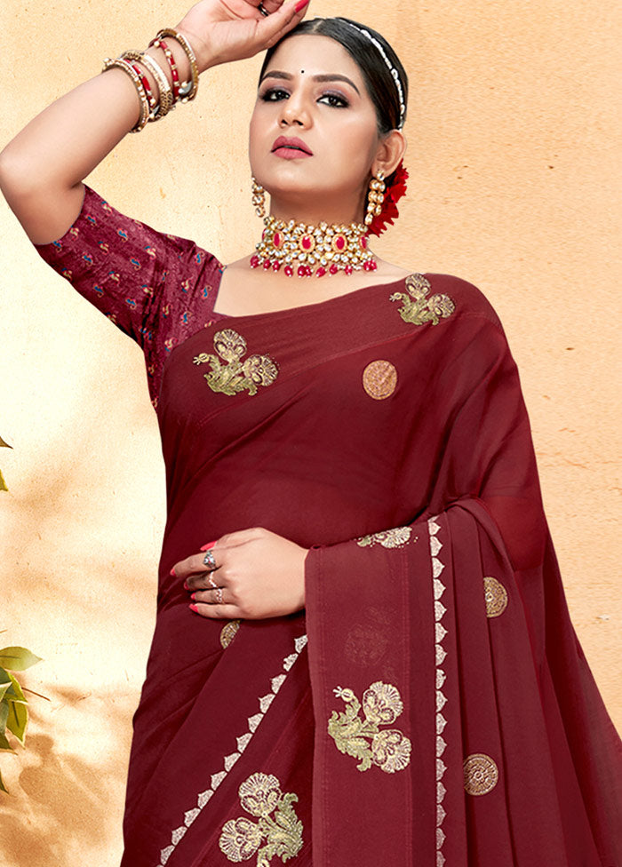 Dark Red Georgette Embellished Saree With Blouse Piece