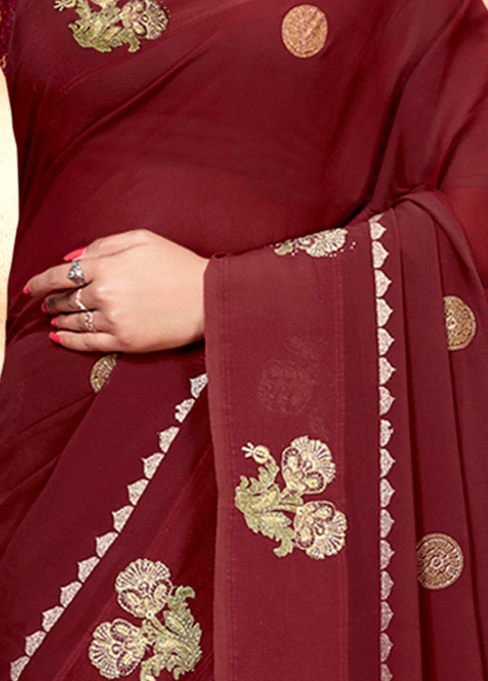 Dark Red Georgette Embellished Saree With Blouse Piece