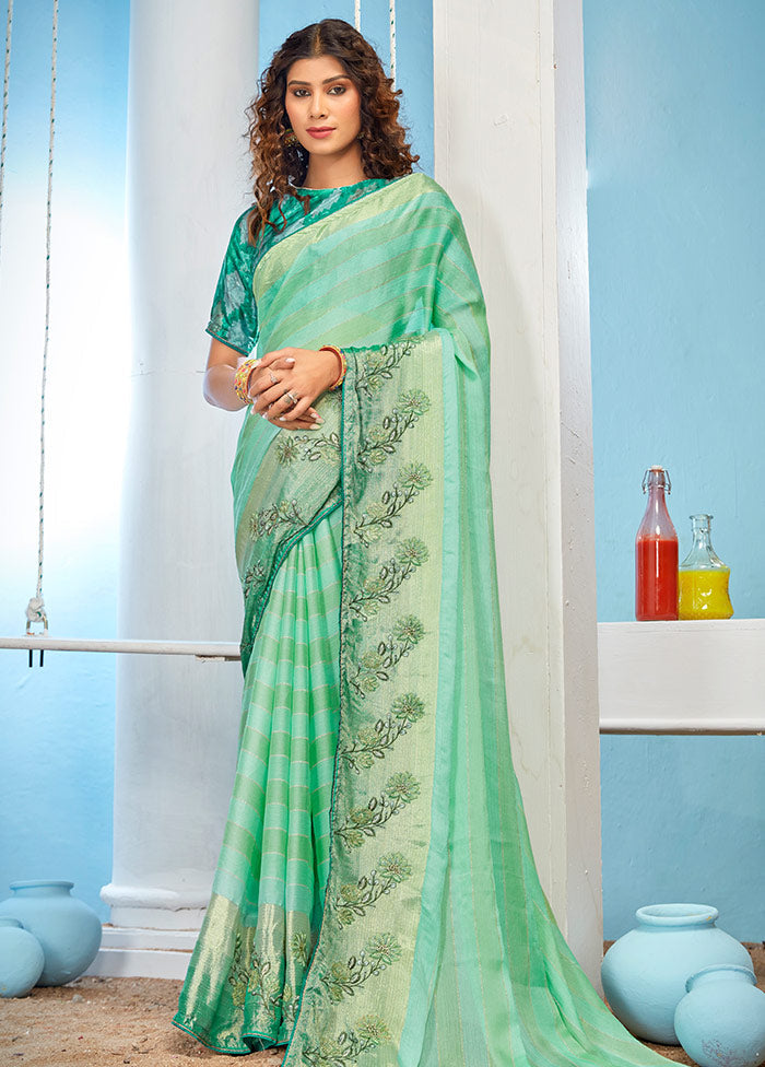 Sea Green Chiffon Silk Printed Saree With Blouse Piece