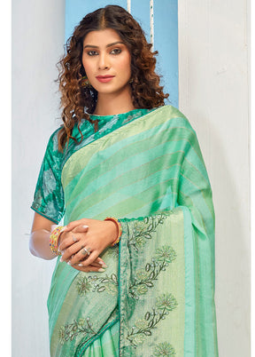 Sea Green Chiffon Silk Printed Saree With Blouse Piece