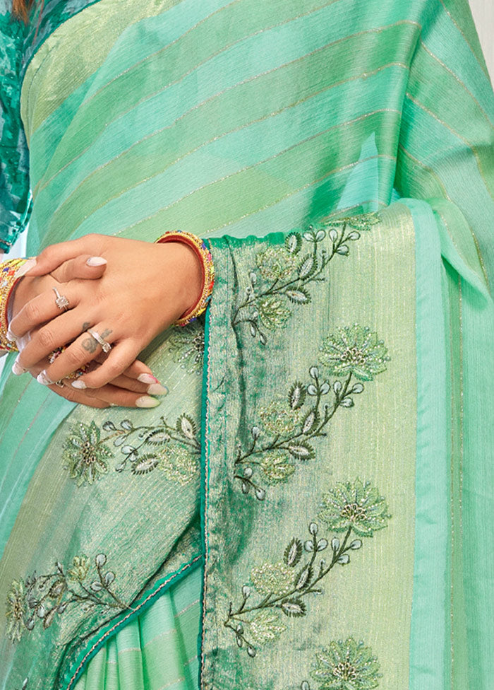 Sea Green Chiffon Silk Printed Saree With Blouse Piece