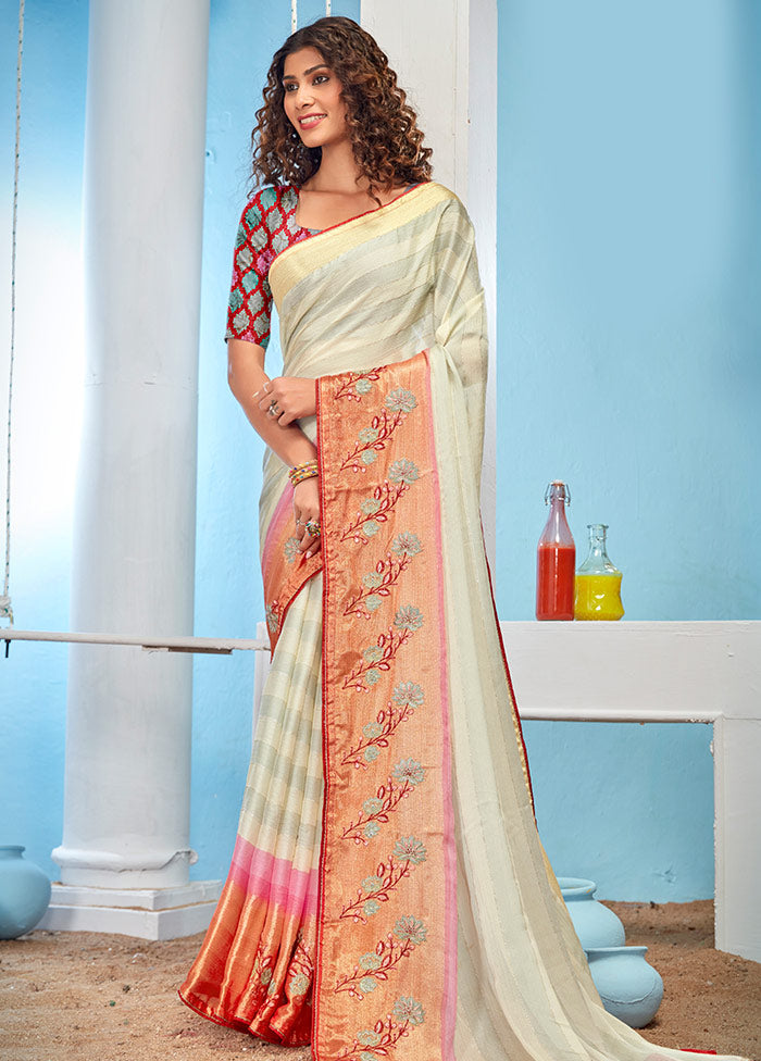 Beige Chiffon Silk Printed Saree With Blouse Piece