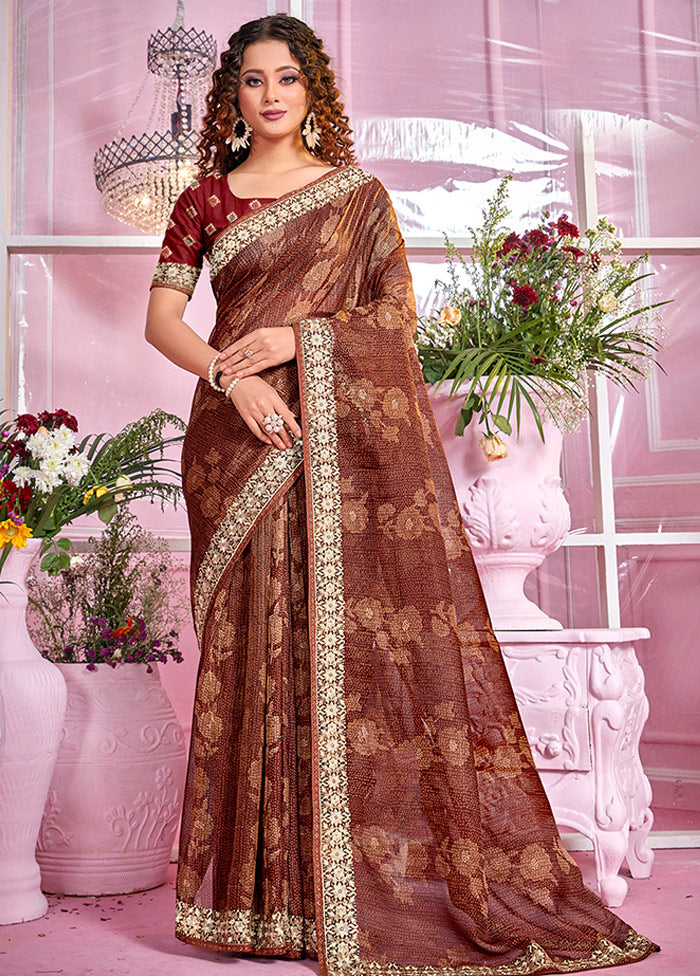 Brown Organza Zari Woven Saree With Blouse Piece