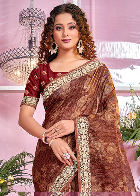 Brown Organza Zari Woven Saree With Blouse Piece