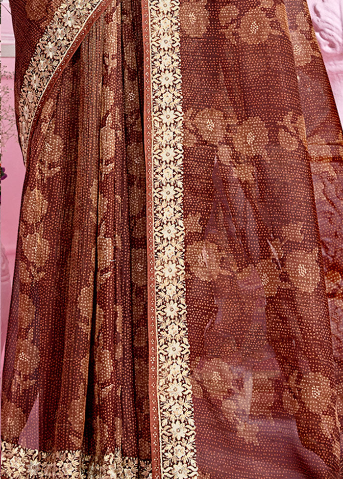 Brown Organza Zari Woven Saree With Blouse Piece