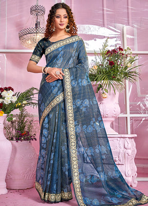 Indigo Organza Zari Woven Saree With Blouse Piece