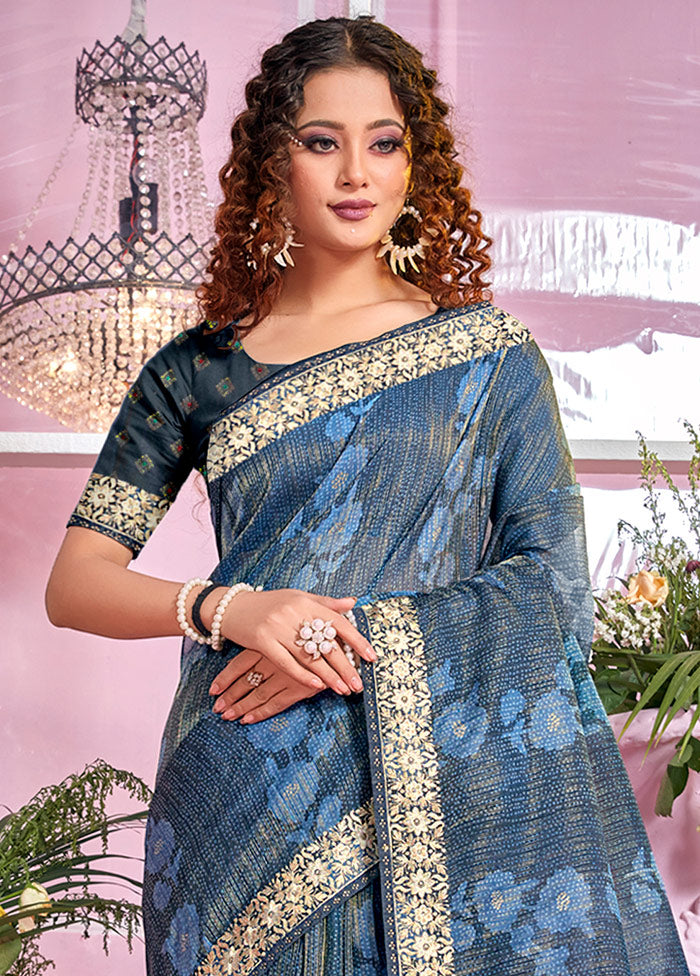 Indigo Organza Zari Woven Saree With Blouse Piece