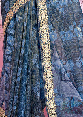 Indigo Organza Zari Woven Saree With Blouse Piece