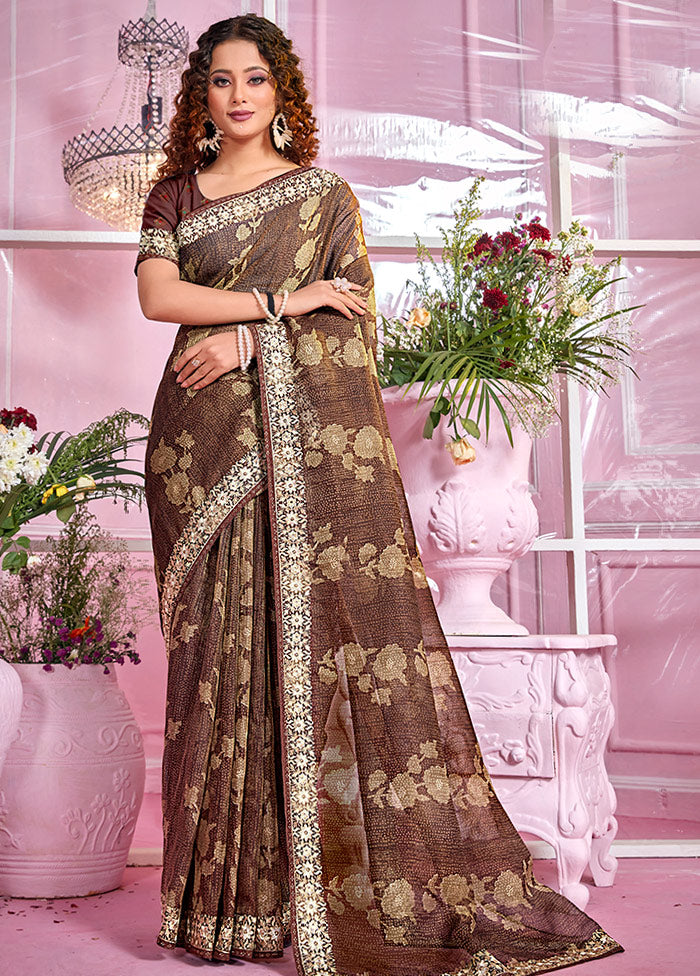 Dark Brown Organza Zari Woven Saree With Blouse Piece