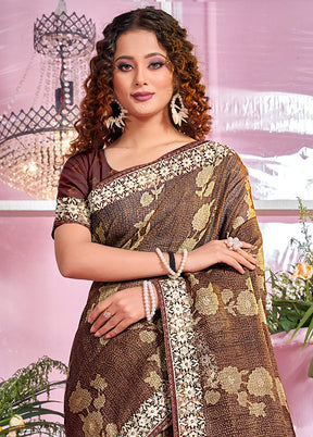 Dark Brown Organza Zari Woven Saree With Blouse Piece