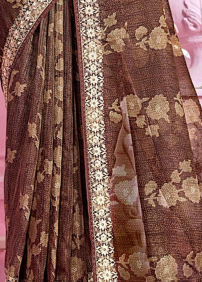 Dark Brown Organza Zari Woven Saree With Blouse Piece