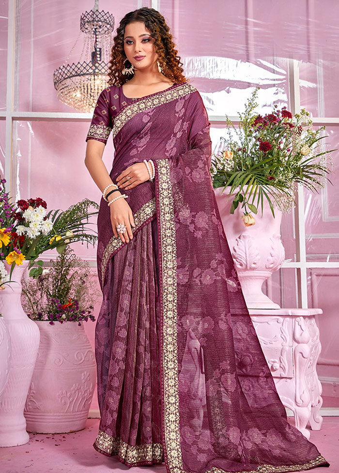 Wine Organza Zari Woven Saree With Blouse Piece