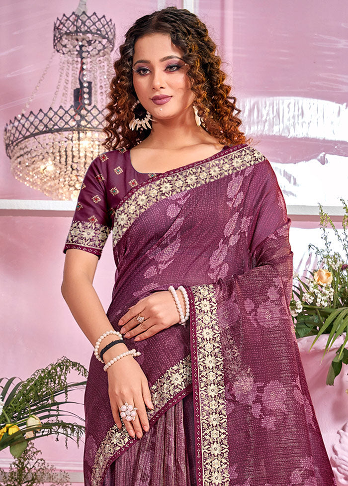 Wine Organza Zari Woven Saree With Blouse Piece