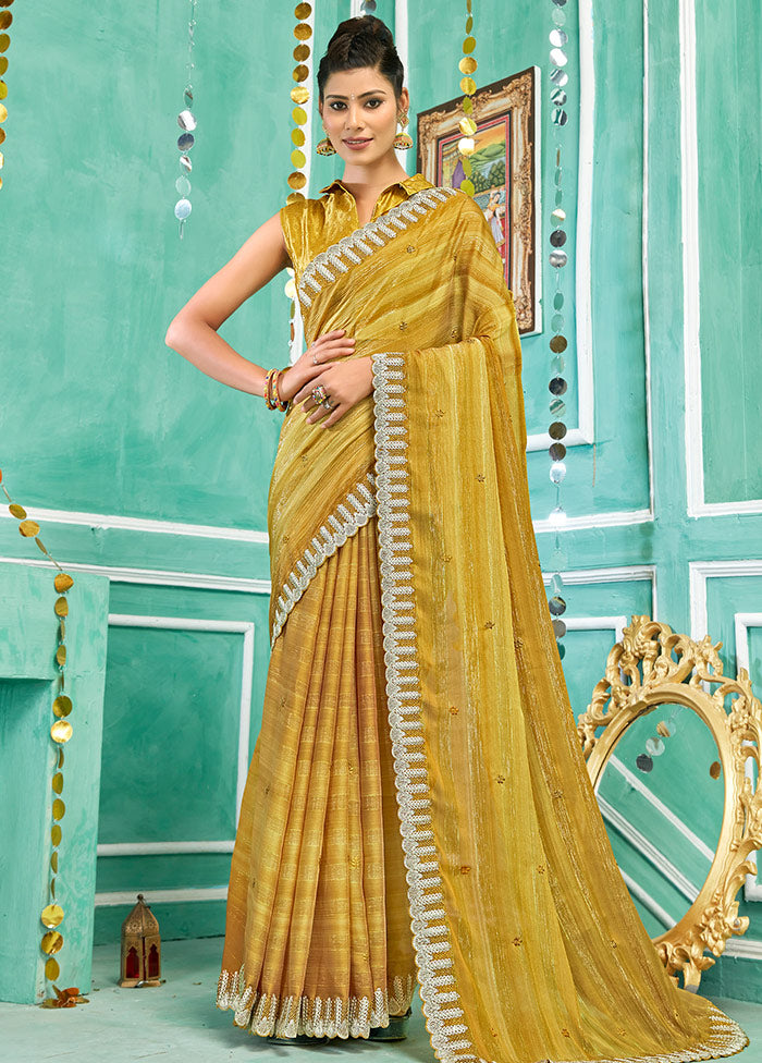 Golden Chiffon Silk Embroidered Saree With Blouse Piece