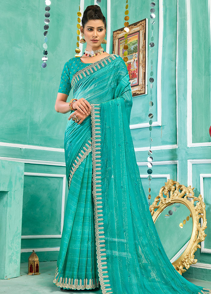 Turquoise Chiffon Silk Embroidered Saree With Blouse Piece