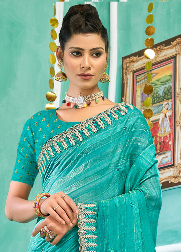 Turquoise Chiffon Silk Embroidered Saree With Blouse Piece