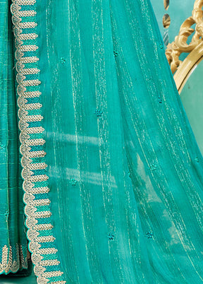 Turquoise Chiffon Silk Embroidered Saree With Blouse Piece