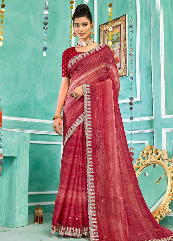 Red Chiffon Silk Embroidered Saree With Blouse Piece