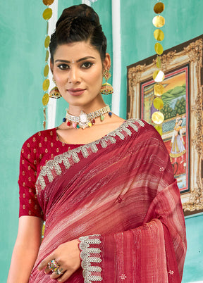 Red Chiffon Silk Embroidered Saree With Blouse Piece