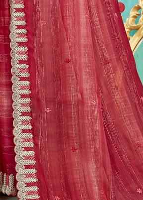 Red Chiffon Silk Embroidered Saree With Blouse Piece