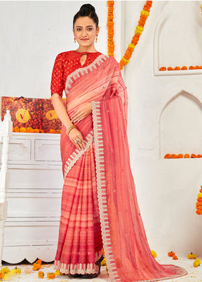 Coral Chiffon Silk Embroidered Saree With Blouse Piece