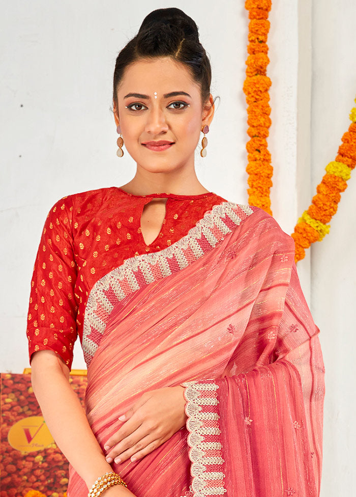 Coral Chiffon Silk Embroidered Saree With Blouse Piece