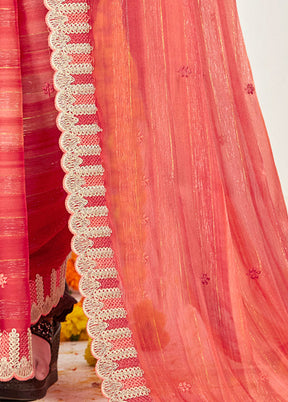 Coral Chiffon Silk Embroidered Saree With Blouse Piece