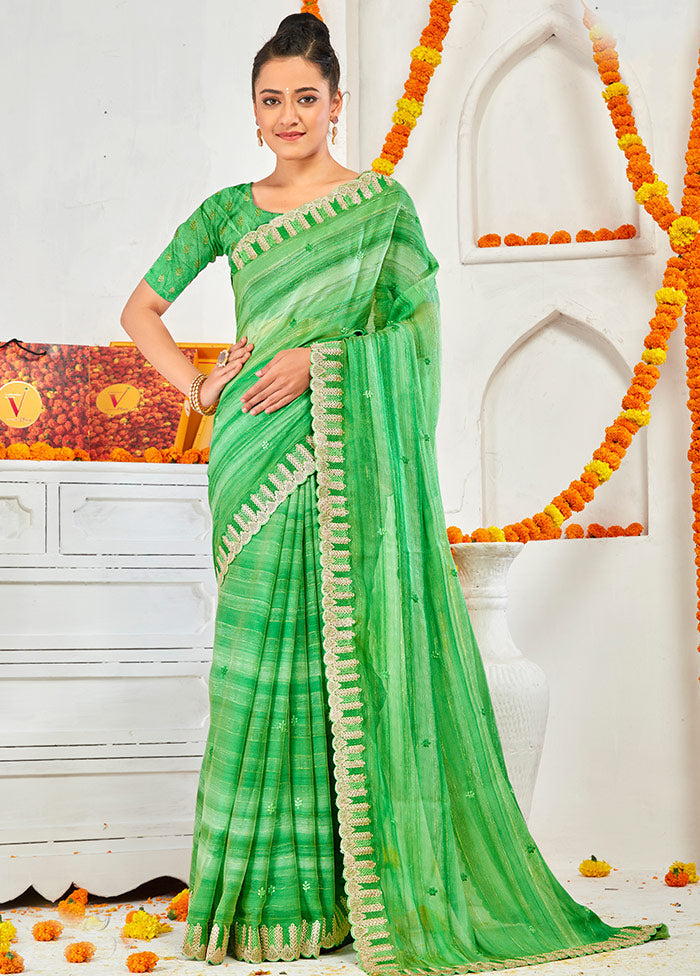 Green Chiffon Silk Embroidered Saree With Blouse Piece