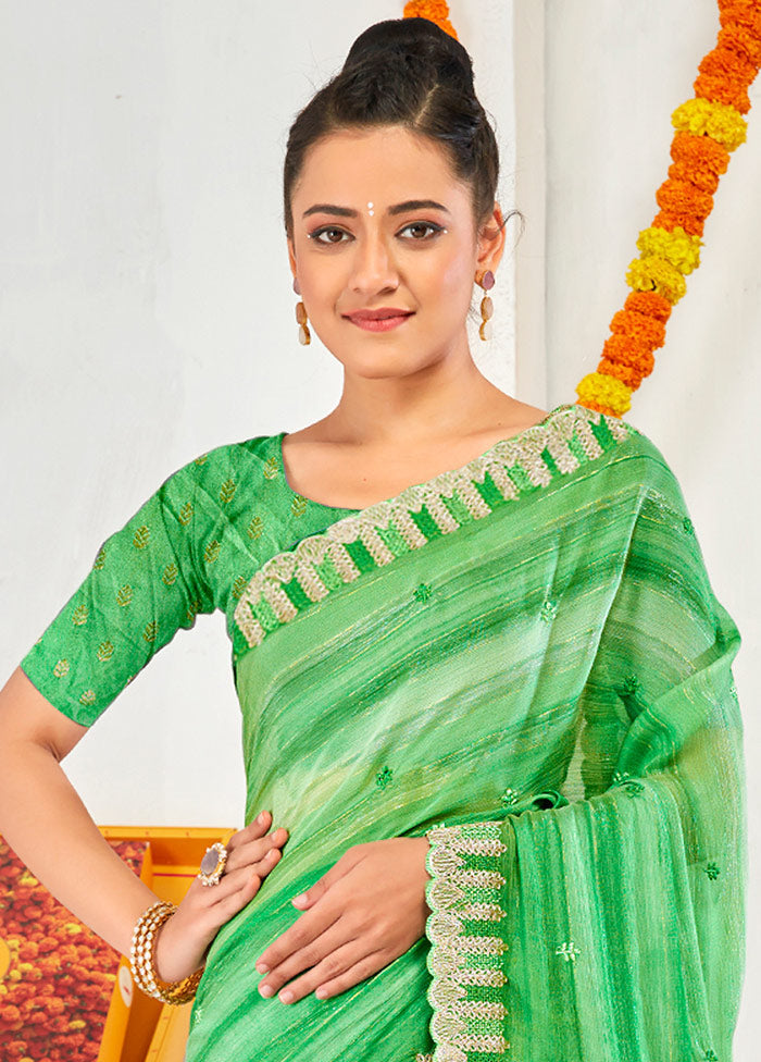 Green Chiffon Silk Embroidered Saree With Blouse Piece