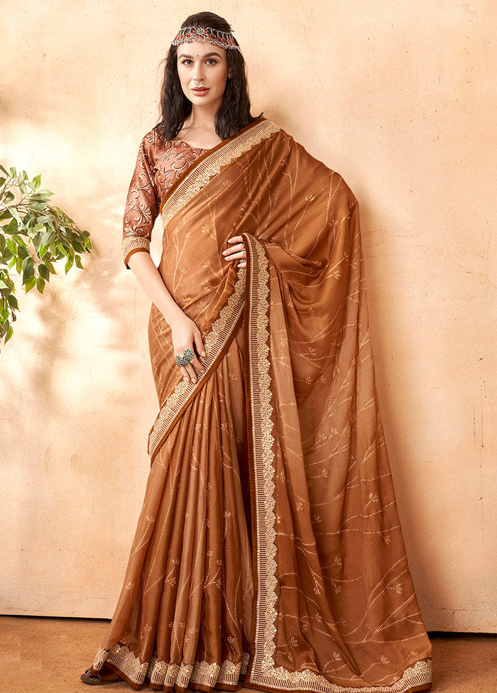 Mustard Chiffon Silk Embellished Saree With Blouse Piece