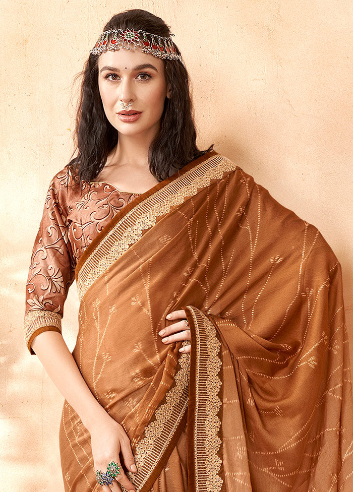 Mustard Chiffon Silk Embellished Saree With Blouse Piece