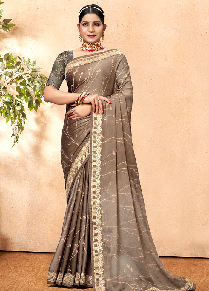 Brown Chiffon Silk Embellished Saree With Blouse Piece