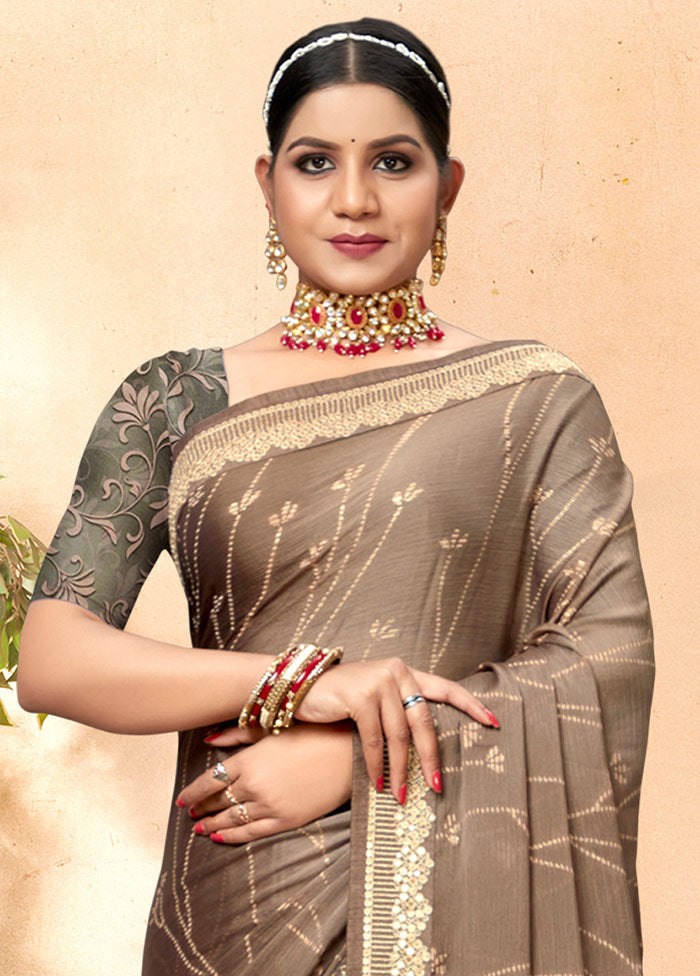 Brown Chiffon Silk Embellished Saree With Blouse Piece