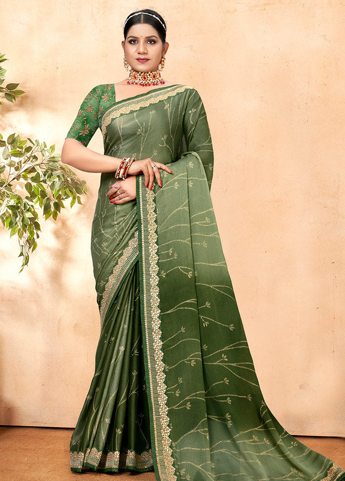 Green Chiffon Silk Embellished Saree With Blouse Piece