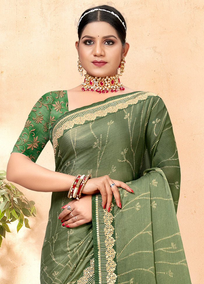 Green Chiffon Silk Embellished Saree With Blouse Piece