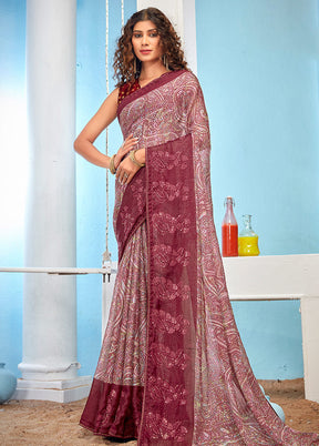 Peach Chiffon Silk Floral Print With Mirror Work Saree With Blouse Piece