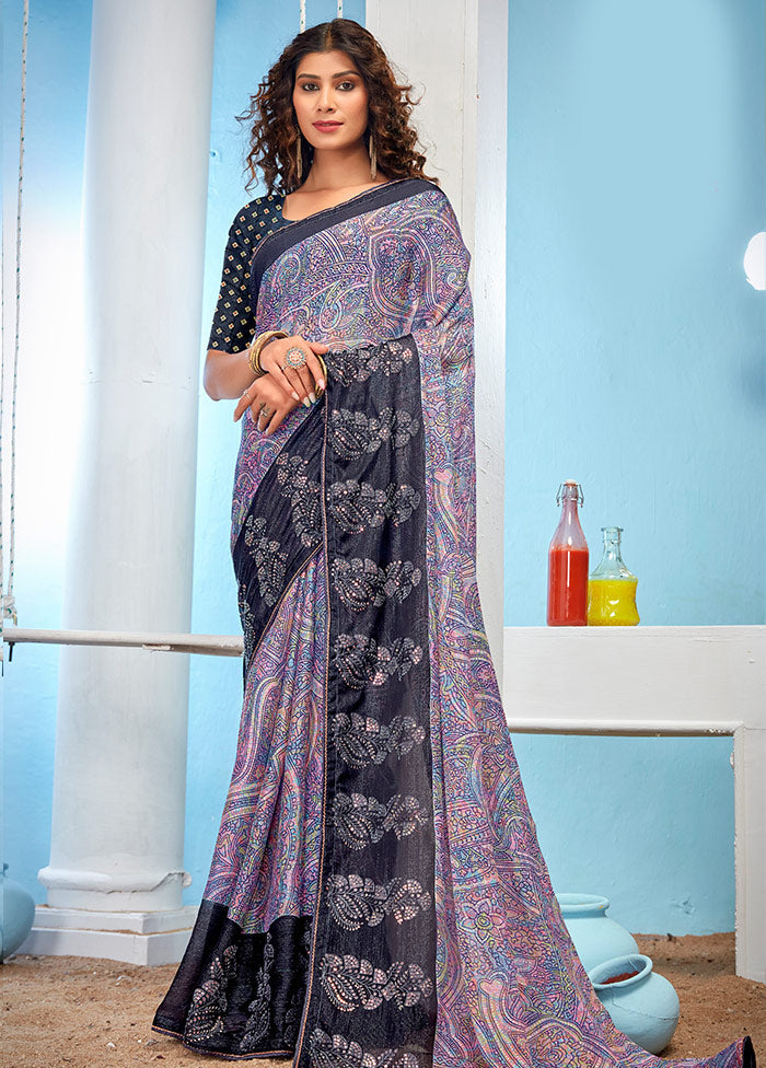 Blue Chiffon Silk Floral Print With Mirror Work Saree With Blouse Piece