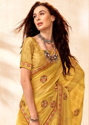 Yellow Georgette Embroidered Saree With Blouse Piece