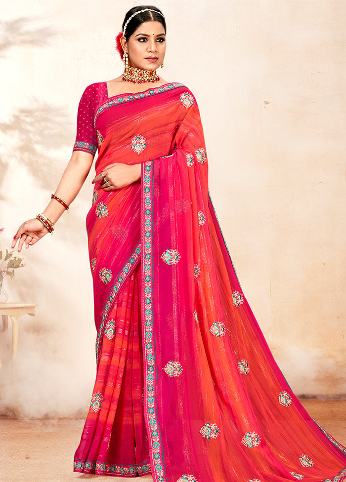 Pink Georgette Embroidered Saree With Blouse Piece