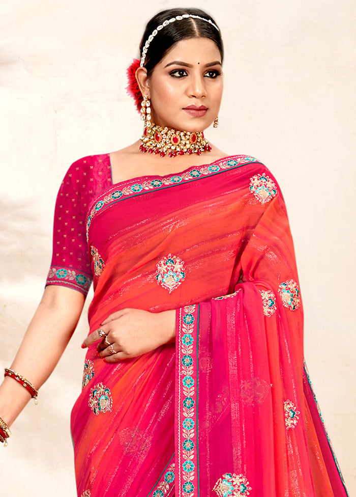 Pink Georgette Embroidered Saree With Blouse Piece