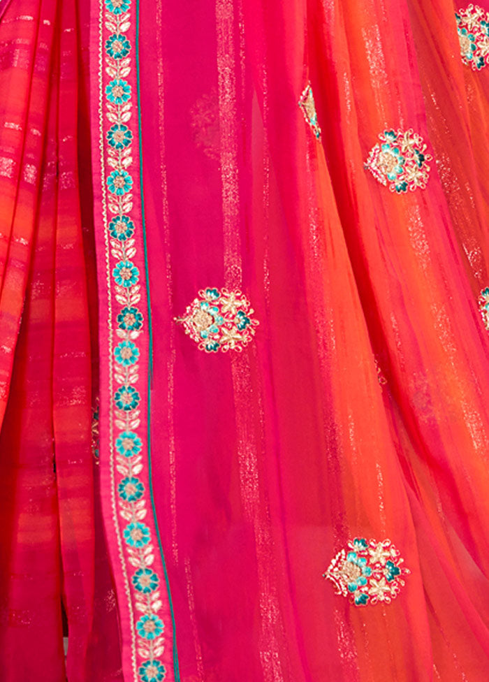 Pink Georgette Embroidered Saree With Blouse Piece