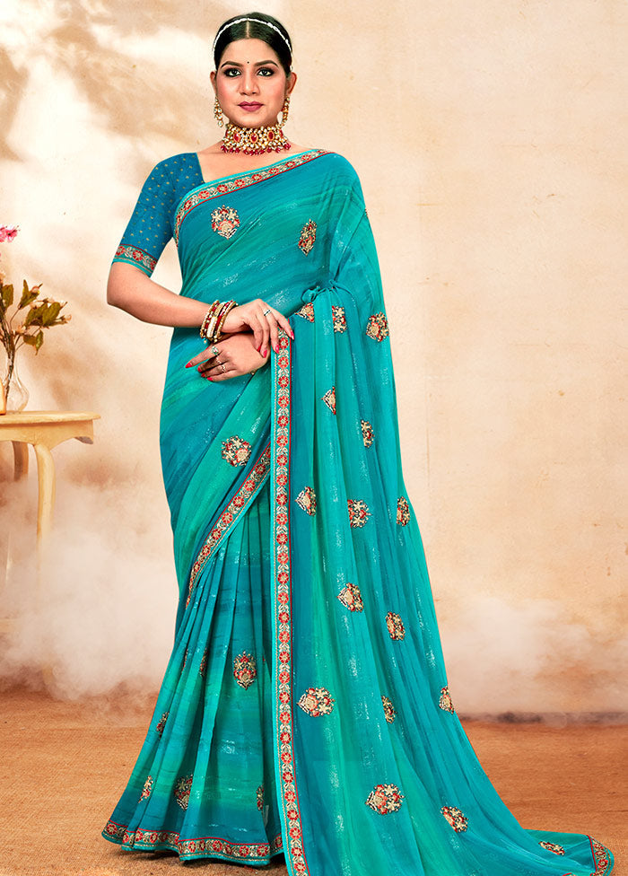 Turquoise Blue Georgette Embroidered Saree With Blouse Piece