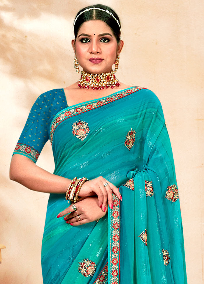 Turquoise Blue Georgette Embroidered Saree With Blouse Piece