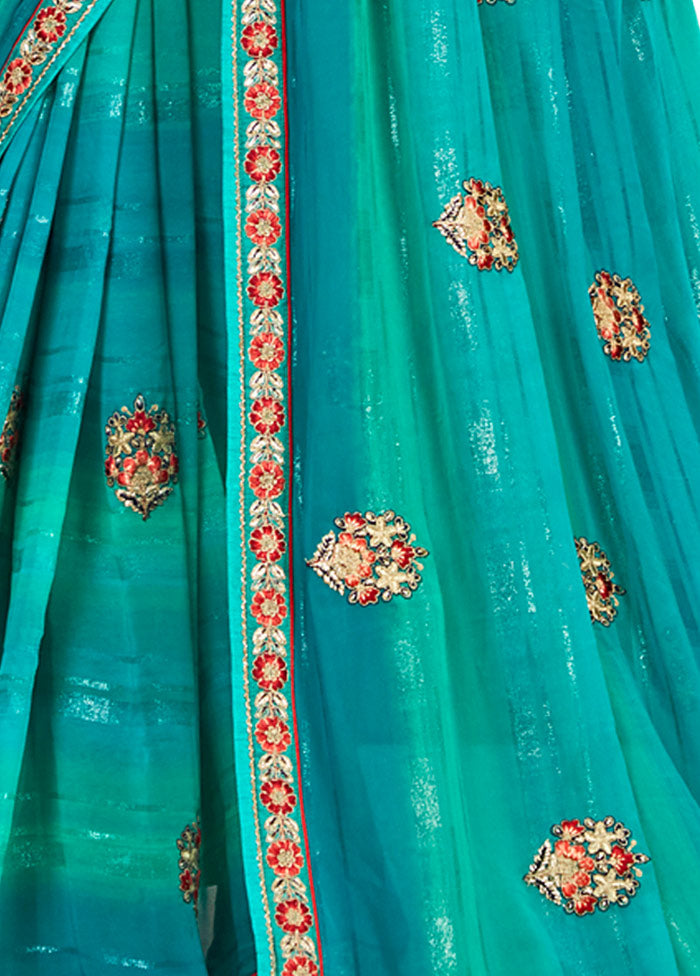 Turquoise Blue Georgette Embroidered Saree With Blouse Piece