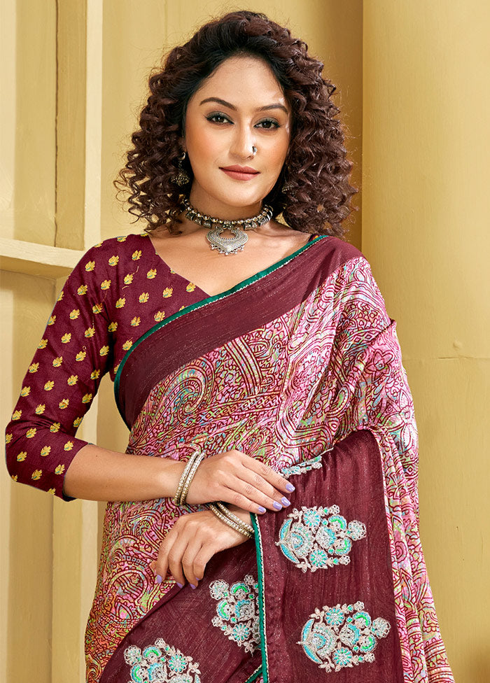 Multicolor Chiffon Silk Embroidered Saree With Blouse Piece