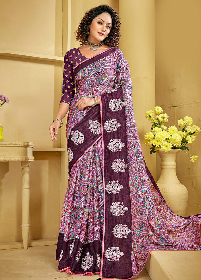 Wine Chiffon Silk Embroidered Saree With Blouse Piece