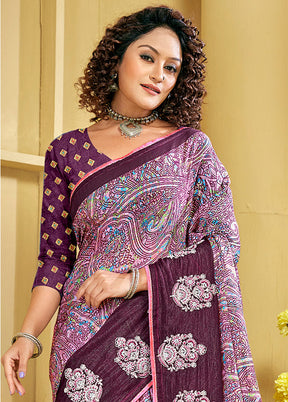 Wine Chiffon Silk Embroidered Saree With Blouse Piece