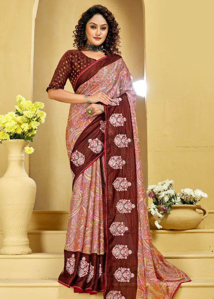 Maroon Chiffon Silk Foil Emblished Saree With Blouse Piece